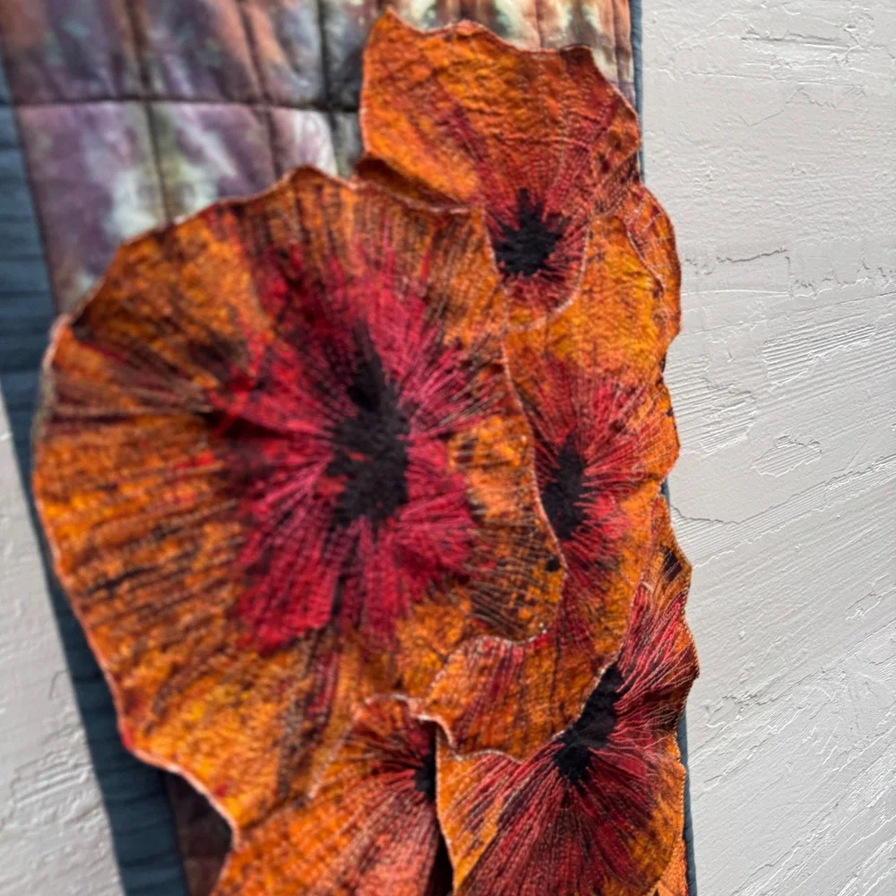 handmade tapestry Quilted Wall Hang Orange Floral Fiber Art Vase Flowers 3D